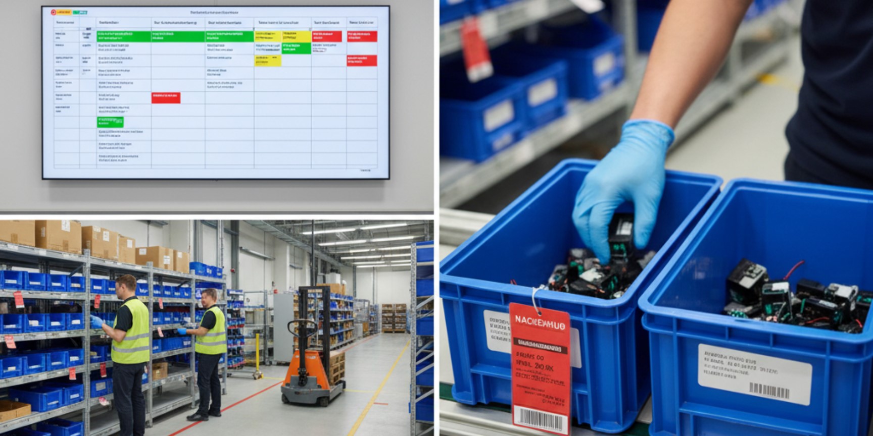 Ein Kanban-Board mit farbcodierten Aufgaben und Statusanzeigen, das den Workflow in einem Lager oder einer Produktionsumgebung visualisiert. Daneben sind blaue Behälter mit Material in einem modernen Lager zu sehen, wobei ein Arbeiter einen Behälter mit elektronischen Komponenten befüllt, der ein rotes Kanban-Signal für Nachschub trägt. Im Hintergrund sind weitere Lagerregale und ein Gabelstapler zu erkennen.